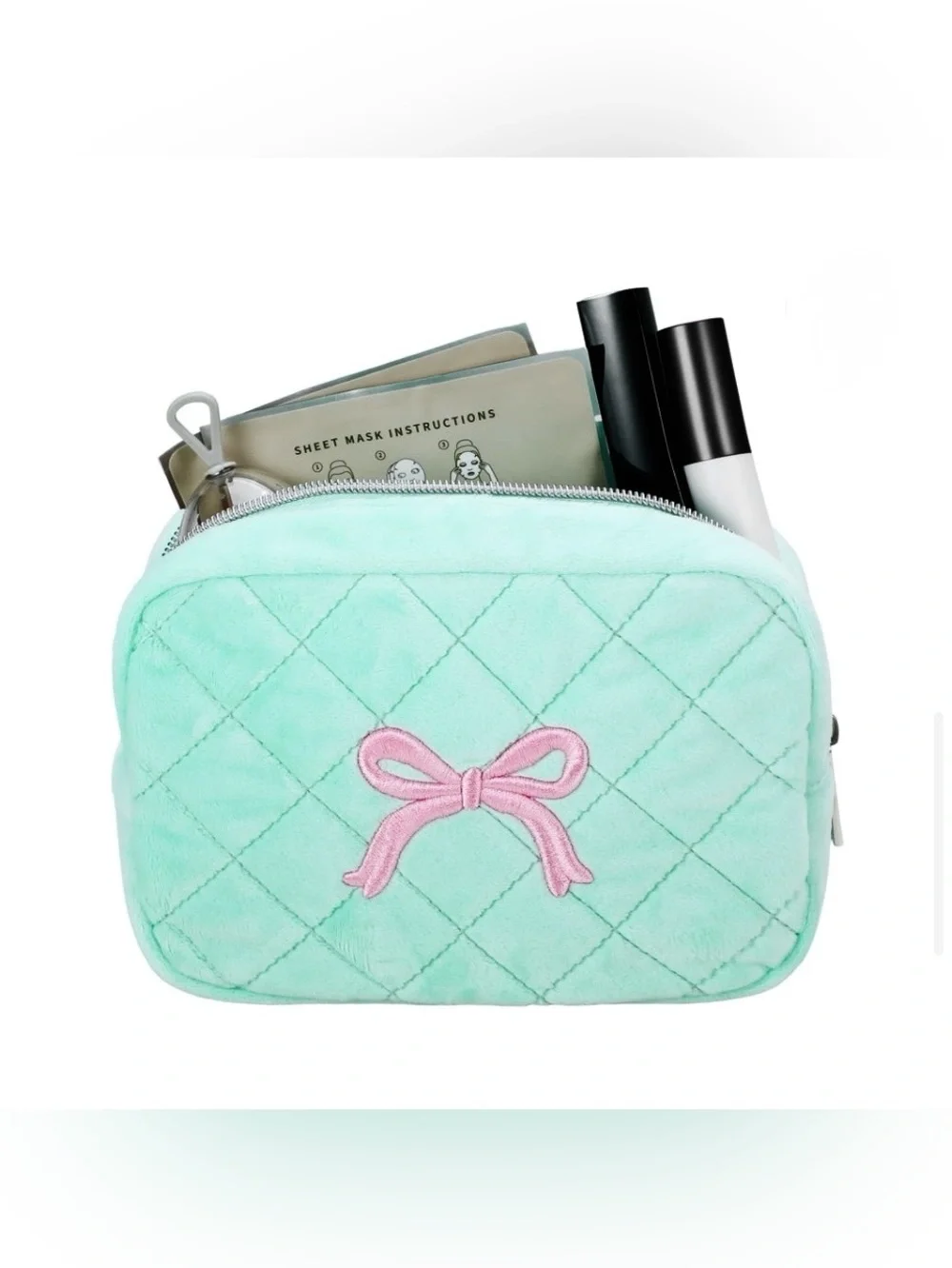 Bow Embroidered Velvet Makeup Bag Turquoise Pink Lot of Two NWT